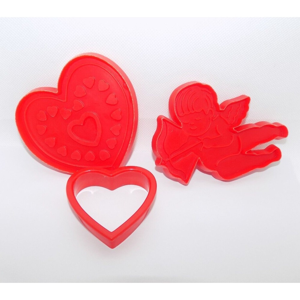 Vintage Hallmark Valentine Cookie Cutter Set Red Plastic Heart Cupid 3 Piece